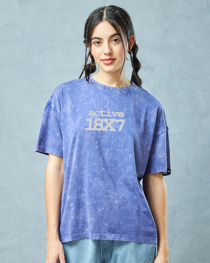 بيواكوف Women's Blue Active Typography Oversized Acid Wash T-shirt